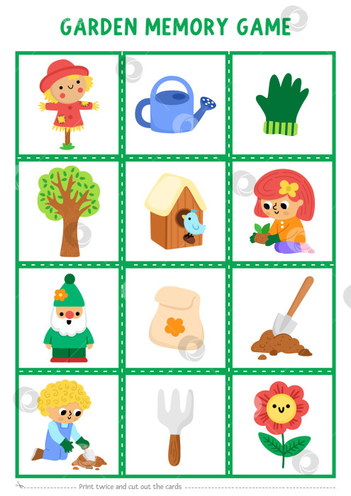 Скачать Векторные карточки для игры в саду на память с милыми символами садоводства. Весеннее занятие по подбору цветов. Запомните и найдите нужную карточку. Рабочий лист для печати для детей с пугалом, лейкой и скворечником фотосток Ozero