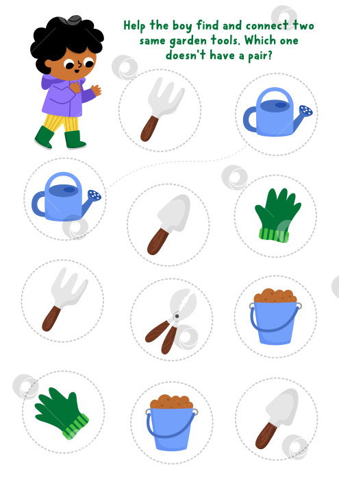 Скачать Найдите два одинаковых садовых инструмента. Составьте пары. Используйте лейку и перчатки для работы в саду. Весенний или летний учебный лист для викторины для детей. Игра для печати или страница с занятиями в книге. фотосток Ozero