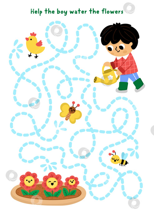 Скачать Садовый лабиринт с мальчиком, поливающим цветы. Простая игра-лабиринт. Задание для печати в весеннем загородном доме или рабочий лист с изображением ребенка-садовника, выполняющего садовые работы, бабочки, пчелы, цыпленка. фотосток Ozero