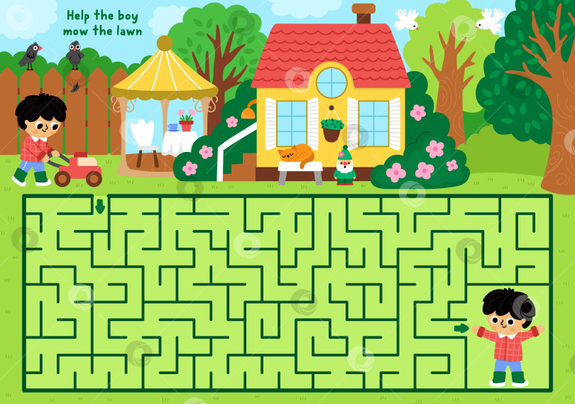Скачать Садовый лабиринт с мальчиком, который косит траву газонокосилкой. Простая игра-лабиринт с изображением пейзажа природы. Рабочий лист для печати "Весенний загородный дом" с ребенком-садовником, выполняющим садовые работы фотосток Ozero