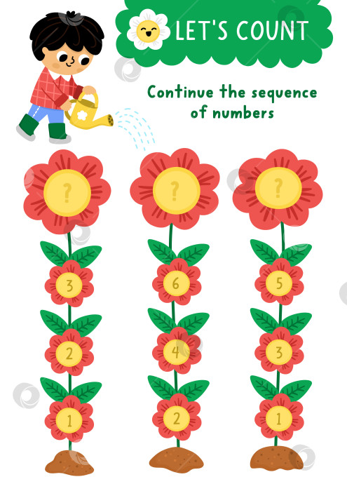 Скачать Продолжи последовательность чисел. Простая математическая игра в саду с цветами и мальчиком с лейкой. Весеннее математическое занятие в сельской местности для детей дошкольного возраста. Развивающий лист для счета с растениями фотосток Ozero