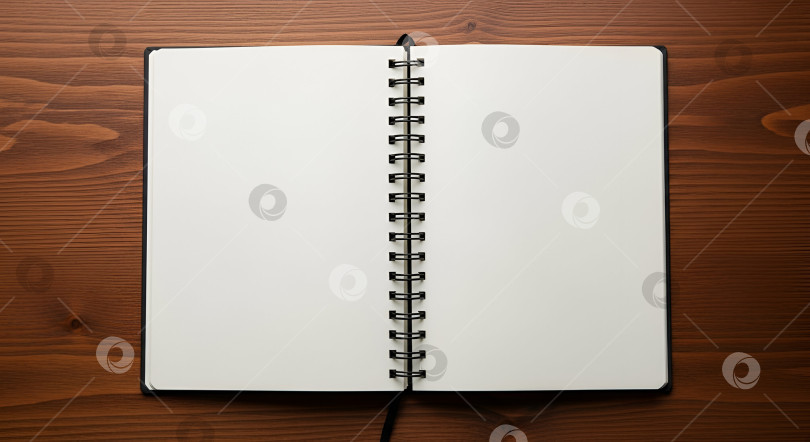 Скачать Открытый блокнот лежит на деревянном столе. Тетрадь на пружине в развороте с чистыми листами для записи. фотосток Ozero