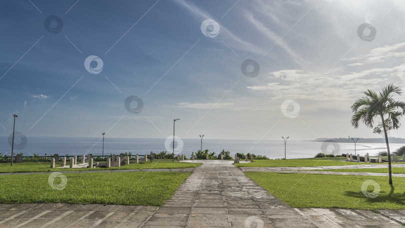 Скачать Парк у океана. Мощеные пешеходные дорожки, зеленая трава на газонах. фотосток Ozero