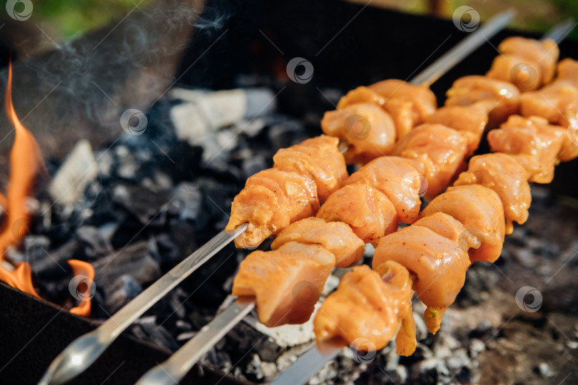 Скачать Свежее мясо для шашлыка, обжаренное на огне. Выбор блюд. Приготовление шашлыка на мангале с дымком. Пикник на природе. Здоровая пища и правильное питание. фотосток Ozero