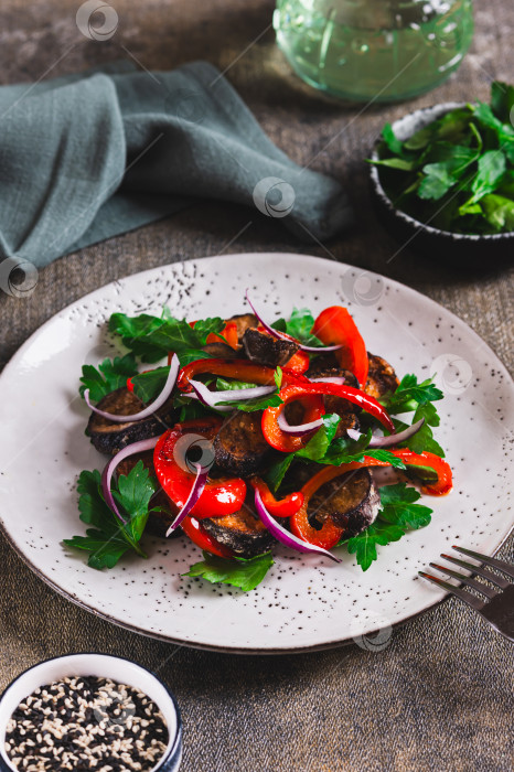 Скачать Овощной вегетарианский салат с баклажанами, болгарским перцем и петрушкой на тарелке в вертикальном положении фотосток Ozero