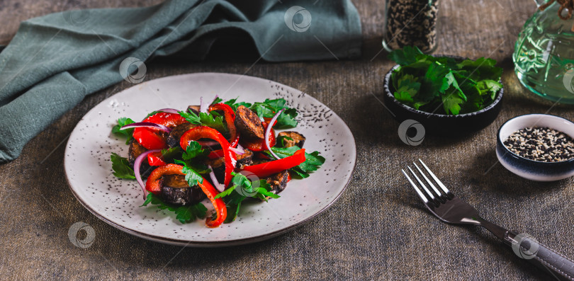 Скачать Теплый салат с жареными баклажанами, болгарским перцем, луком и зеленью на тарелке на веб-баннере "Стол" фотосток Ozero