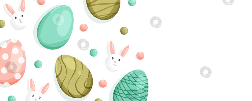 Скачать Пасхальный баннер. Горизонтальный шаблон с пасхальными яйцами и милыми кроликами. Минимализм. Редактируемый шаблон для сообщений, распродаж, постов в социальных сетях и т.д. фотосток Ozero