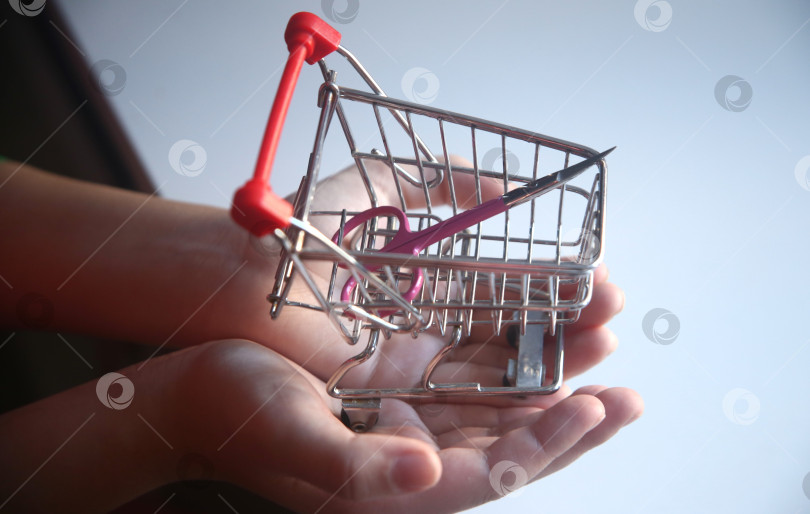 Скачать Маленькая тележка для покупок в детской руке фотосток Ozero