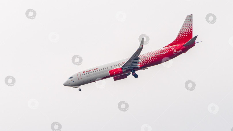 Скачать Boeing 737-800 авиакомпании "Россия" летит со снижением к взлетно-посадочной полосе на фоне облачного неба. Крупный план. Шасси и закрылки самолета выпущены. фотосток Ozero