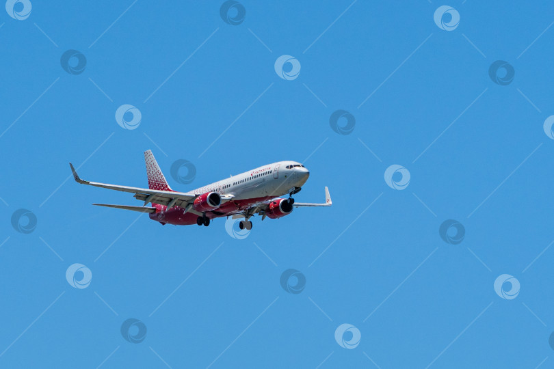 Скачать Boeing 737-800 летит на фоне голубого весеннего неба в аэропорт Адлера. Крупный план. РОССИЯ - РОССИЙСКИЕ АВИАЛИНИИ. Шасси и закрылки самолета выпущены. фотосток Ozero