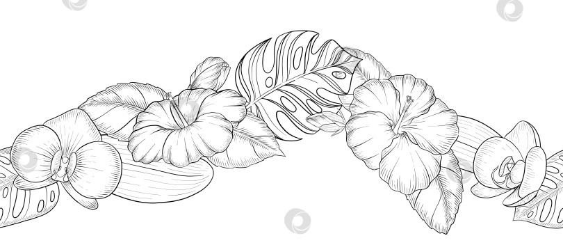 Скачать Набор нарисованных тушью тропических цветов, листьев и фруктов. Для меню, упаковки косметики и продуктов питания, книжек-раскрасок и гравюрных украшений. фотосток Ozero
