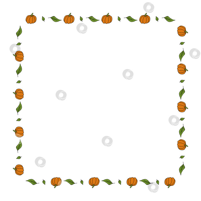 Скачать Квадратная рамка с осенними каракулями тыквы и листьями на белом фоне. Векторное изображение. фотосток Ozero