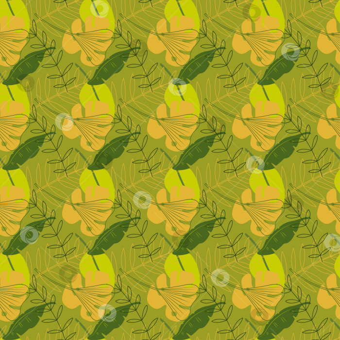 Скачать Бесшовный узор с несколькими тропическими листьями. Цветная иллюстрация, нарисованная от руки, для ваших проектов. фотосток Ozero