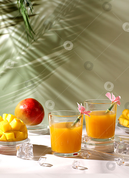 Скачать Холодный домашний смузи, сок или лимонад с кусочками манго, льдом и фруктами. Рецепт освежающего летнего напитка. Концепция детокс-диеты и похудения.Меню ресторана. Баннер для домашней вечеринки. Флаер для баров и кафе фотосток Ozero