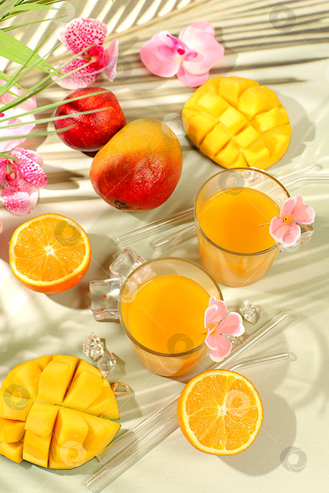 Скачать Холодный домашний смузи, сок или лимонад с кусочками манго, льдом и фруктами. Рецепт освежающего летнего напитка. Концепция детокс-диеты и похудения.Меню ресторана. Баннер для домашней вечеринки. Флаер для баров и кафе фотосток Ozero