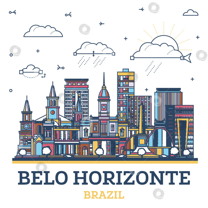Скачать Обрисуйте горизонт бразильского города Белу-Оризонти с цветными современными и историческими зданиями, выделенными на белом фоне. Иллюстрация. Городской пейзаж Белу-Оризонти с достопримечательностями. фотосток Ozero
