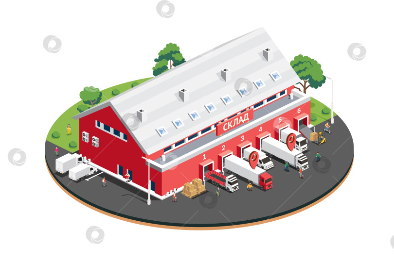 Скачать Изометрический складской распределительный центр с рабочими, грузовиками и погрузочными доками. Иллюстрация. Объект изолирован на белом фоне. Красное здание с окнами. фотосток Ozero