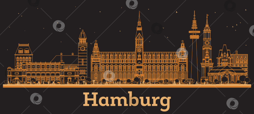 Скачать Очертите горизонт Гамбурга, Германия, оранжевыми зданиями. Иллюстрация. Деловые поездки и концепция с исторической архитектурой. Городской пейзаж Гамбурга с достопримечательностями. фотосток Ozero