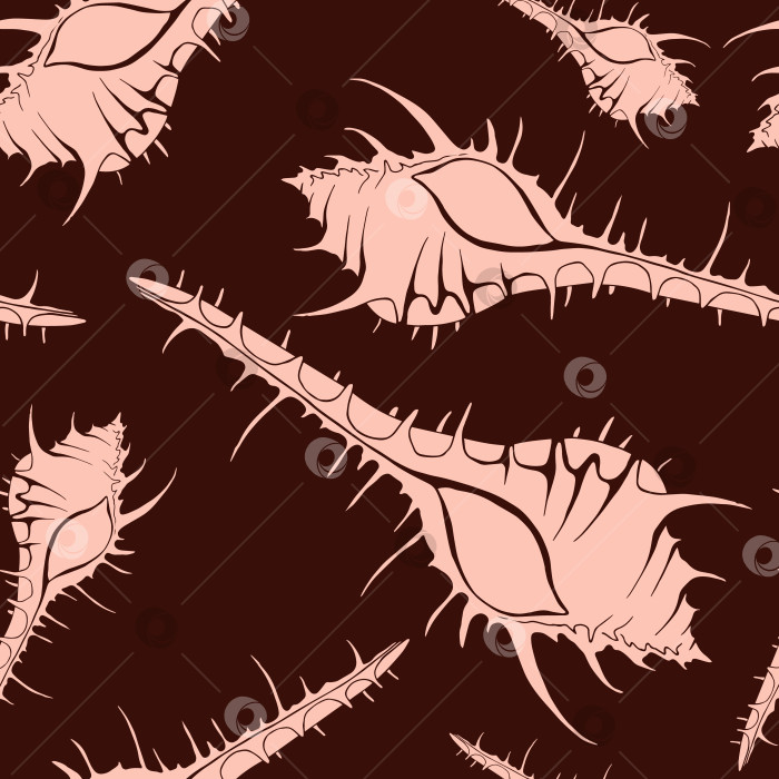 Скачать Модный бесшовный узор из морских раковин плоского силуэта для тканей, текстиля, одежды, предметов интерьера, канцелярских принадлежностей, упаковки. Современная бесконечная текстура морской воды ручной работы. Тропические океанские раковины с возможностью редактирования. фотосток Ozero