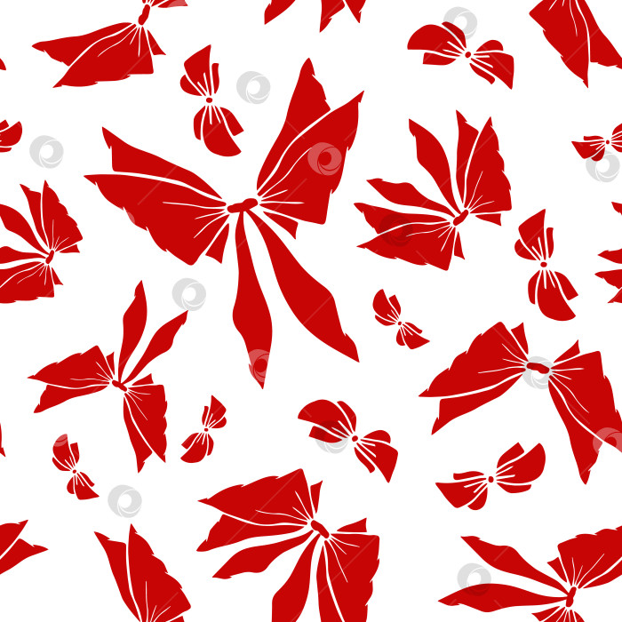 Скачать Бесшовный узор из красных силуэтных бантиков. Красивые плоские бантики с абстрактной бесконечной текстурой для ткани, текстиля, косметики, упаковки, канцелярских принадлежностей, оберточной бумаги, фона. Веселый праздничный дизайн в стиле каракулей. фотосток Ozero