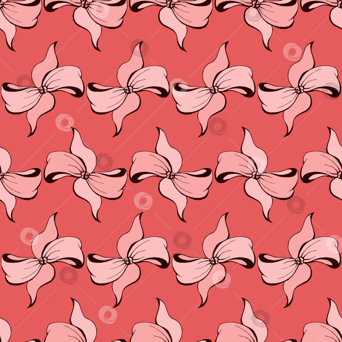 Скачать Милые мягкие романтичные бантики с бесшовным рисунком. Красивые плоские бантики с абстрактной бесконечной текстурой для ткани, текстиля, косметики, упаковки, канцелярских принадлежностей, оберточной бумаги, фона. Веселый праздничный дизайн в стиле каракулей фотосток Ozero