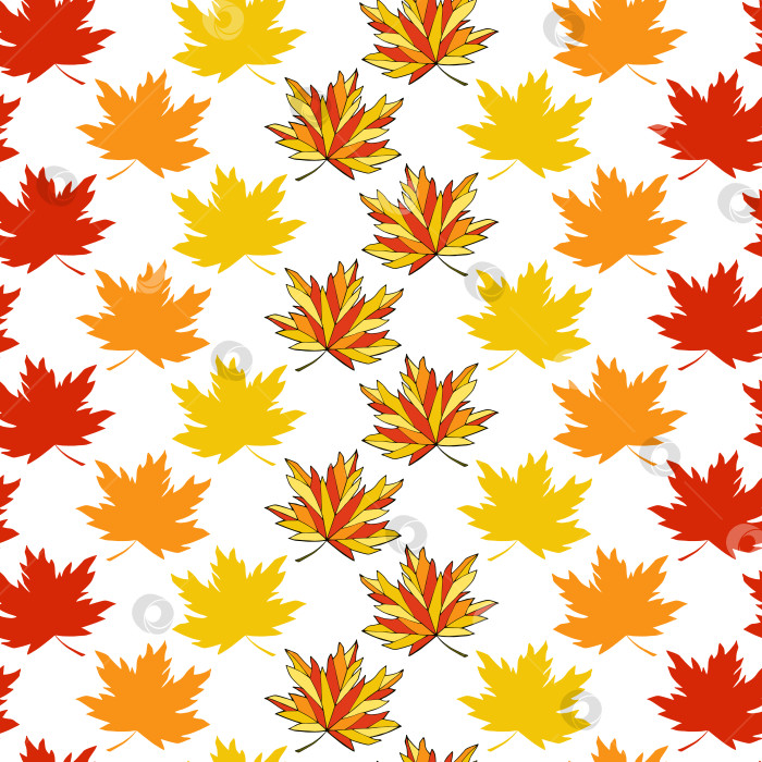 Скачать Бесшовный узор из падающих кленовых листьев. Безграничный фон в виде силуэта листвы Acer. Текстура яркой осени бесконечна. Желтые, оранжевые и красные осенние листья повторяют дизайн поверхности. Милый красочный фон фотосток Ozero