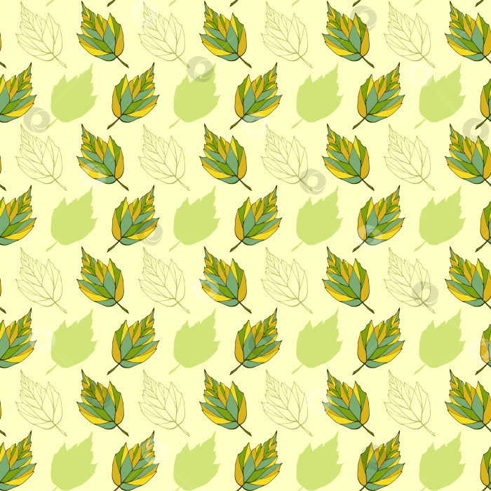 Скачать Бесшовный узор из падающих листьев. Безграничный фон из зеленой листвы. Яркая ботаническая бесконечная текстура. Повторяющий рисунок поверхности листьев. Красочный травяной фон. фотосток Ozero