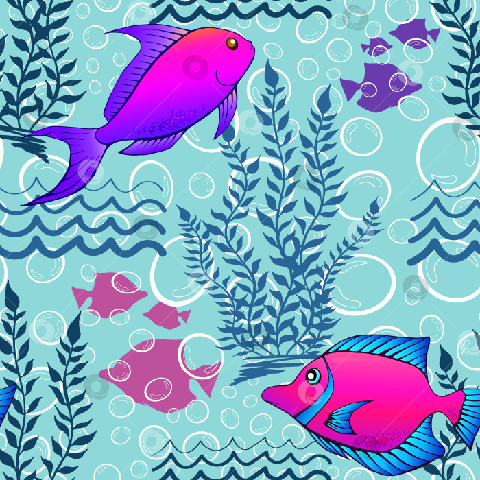 Скачать Тропические коралловые рыбы и морские водоросли с бесшовным рисунком. Экзотические обитатели океана с рисунком на поверхности. Морские животные с бесконечной текстурой. Подводная фауна с безграничным фоном. Морская жизнь редактируемая плитка. фотосток Ozero