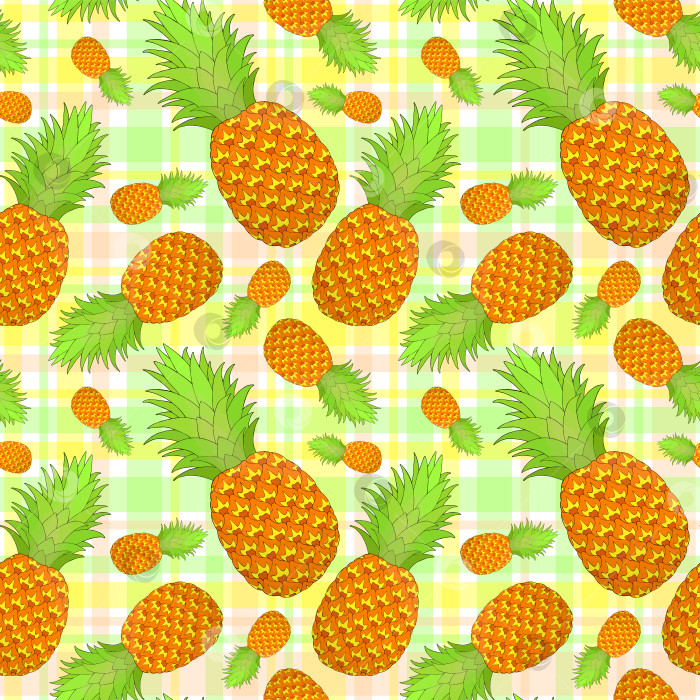Скачать Бесшовный узор в виде ананаса на клетчатом фоне. Тропические фрукты, повторяющие бесконечную текстуру. Аппетитный безграничный фон. Дизайн поверхности для приготовления пищи. Редактируемая плитка для текстиля или канцелярских принадлежностей фотосток Ozero
