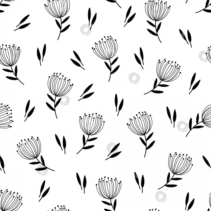 Скачать Монохромный бесконечный бесшовный цветочный узор с листьями и цветами в стиле каракули фотосток Ozero