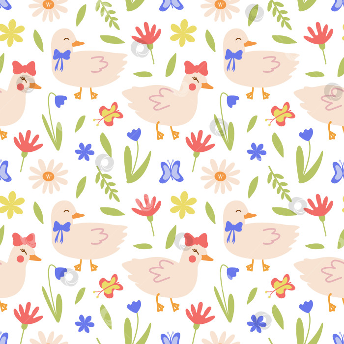 Скачать Бесшовный цветочный узор из утки и гуся, влюбленных домашних птиц для детского дизайна фотосток Ozero