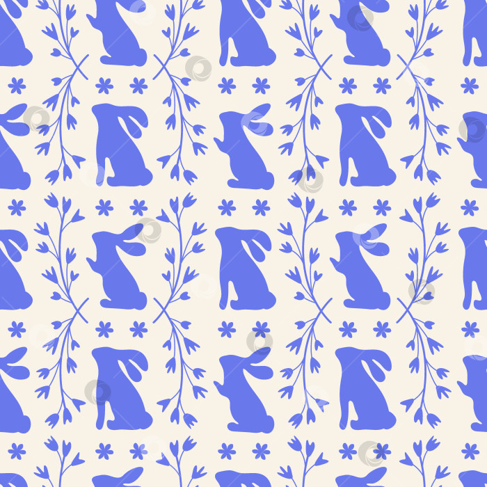 Скачать Векторный бесшовный пасхальный узор с силуэтами синих кроликов и декоративными цветами фотосток Ozero