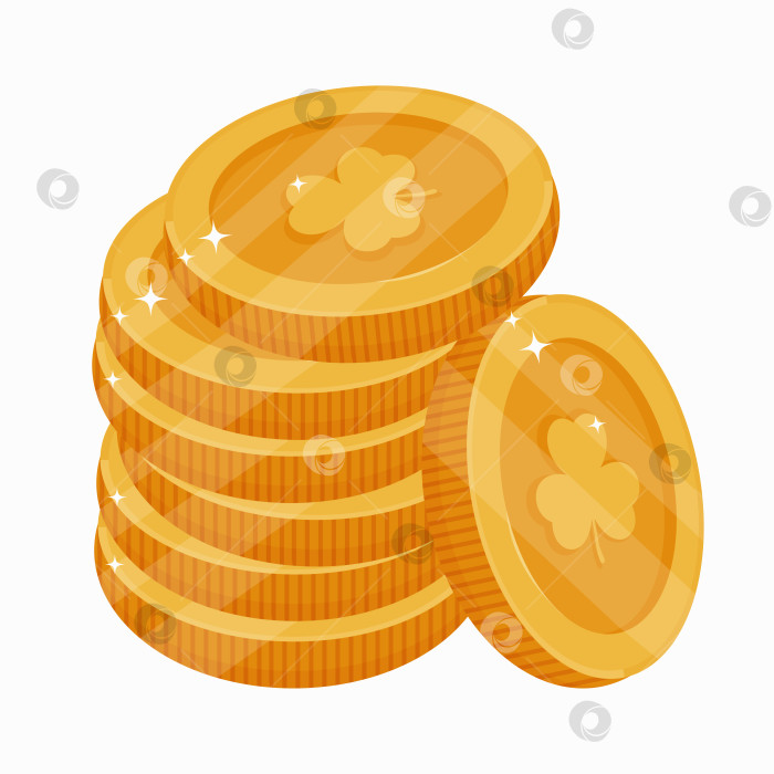 Скачать Стопка золотых монет с изображением клевера. Символ празднования Дня Святого Патрика. Ирландская культура фотосток Ozero