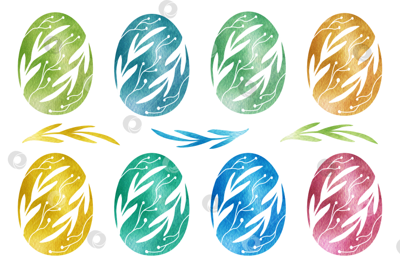 Скачать Праздничный набор расписных пасхальных яиц. Яйца расписаны акварелью и цветочными узорами. фотосток Ozero