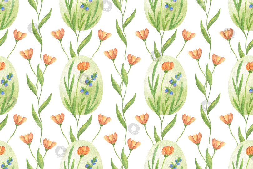 Скачать Цветочный бесшовный узор с пасхальными яйцами и цветами. Акварельный растительный фон в винтажном стиле фотосток Ozero