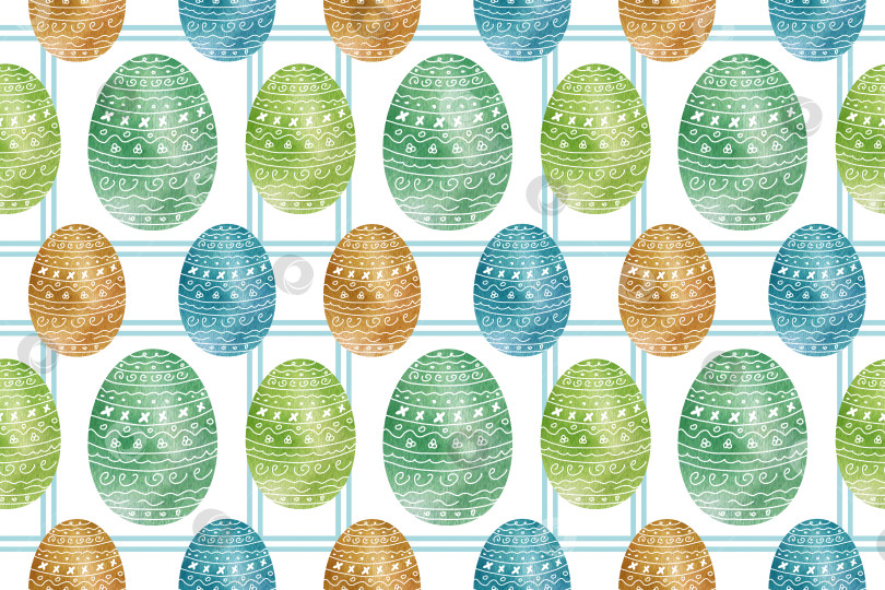 Скачать Бесшовный акварельный узор праздничных крашеных яиц на клетчатом фоне для празднования Пасхи фотосток Ozero