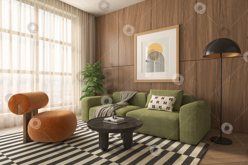 Скачать Концептуальный интерьер дофаминовой комнаты в стиле середины века с 3d-иллюстрацией фотосток Ozero