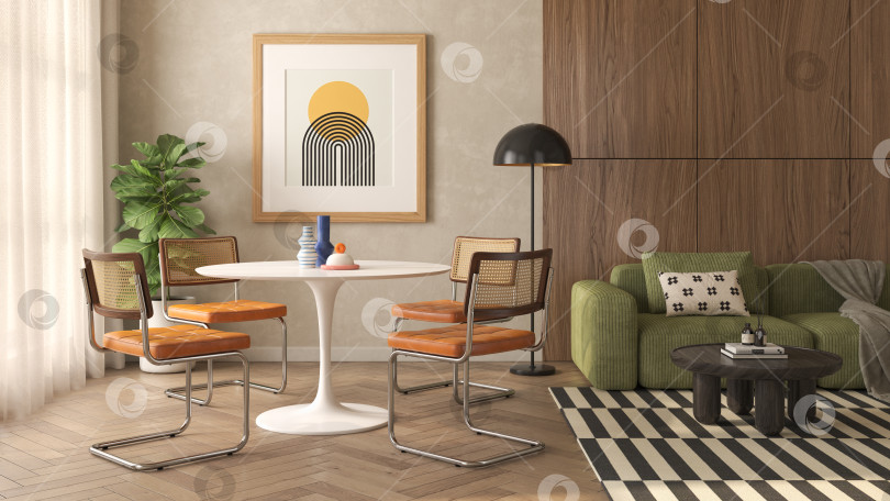 Скачать Концептуальный интерьер дофаминовой комнаты в стиле середины века с 3d-иллюстрацией фотосток Ozero