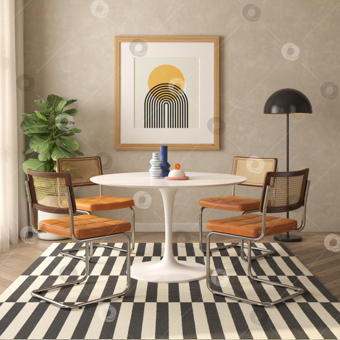 Скачать Концептуальный дофаминовый интерьер комнаты в стиле середины века с 3d-иллюстрацией фотосток Ozero