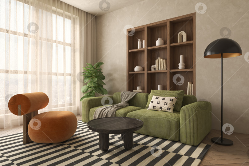 Скачать Концептуальный дофаминовый интерьер комнаты в стиле середины века с 3d-иллюстрацией фотосток Ozero