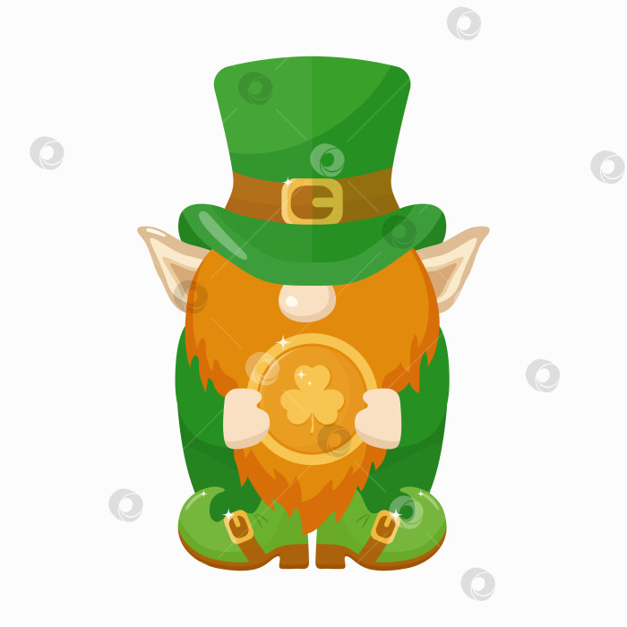 Скачать Лепрекон в традиционной ирландской одежде держит золотую монету. Гном - символ удачи в День Святого Патрика фотосток Ozero
