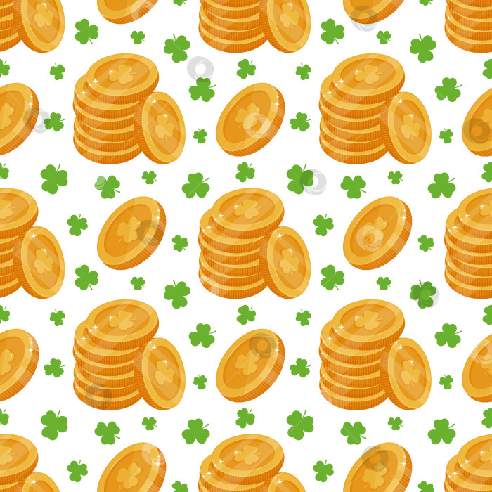 Скачать Бесшовный узор с блестящими золотыми монетами, клевер в честь празднования Дня Святого Патрика. Ирландская культура. фотосток Ozero