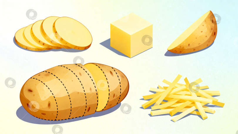 Скачать Картофель и продукты из него в иллюстративном стиле на светлом фоне фотосток Ozero