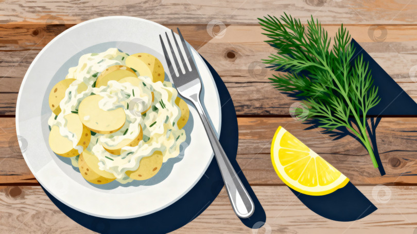 Скачать Картофельный салат с укропом, долькой лимона и веточкой укропа на белой тарелке, в акварельном стиле,  для здорового обеда и летнего пикника фотосток Ozero