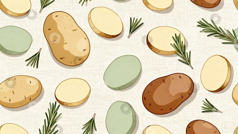 Скачать Клубни картофеля и веточки розмарина в иллюстративном стиле на светлом фоне для кулинарных и декоративных тем, паттерн фотосток Ozero
