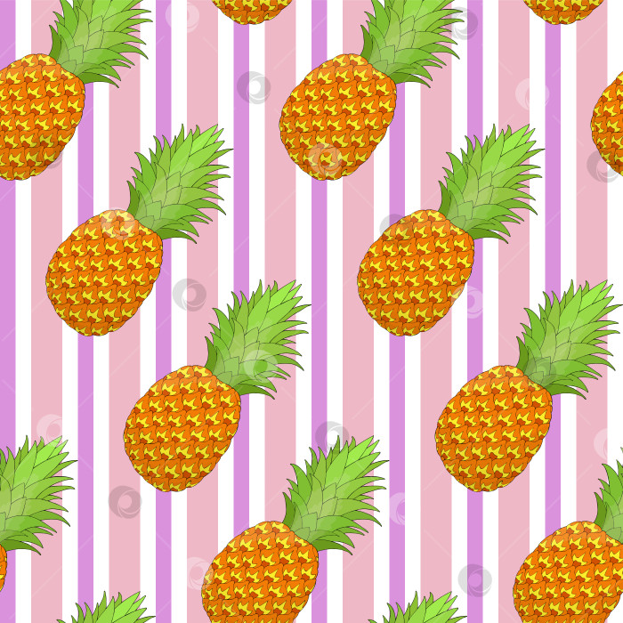 Скачать Бесшовный узор в виде ананаса на полосатом фоне. Тропический фрукт, повторяющий бесконечную текстуру. Вкусный безграничный фон. Дизайн поверхности для приготовления пищи. Редактируемая плитка для текстиля, одежды, оберточной бумаги фотосток Ozero