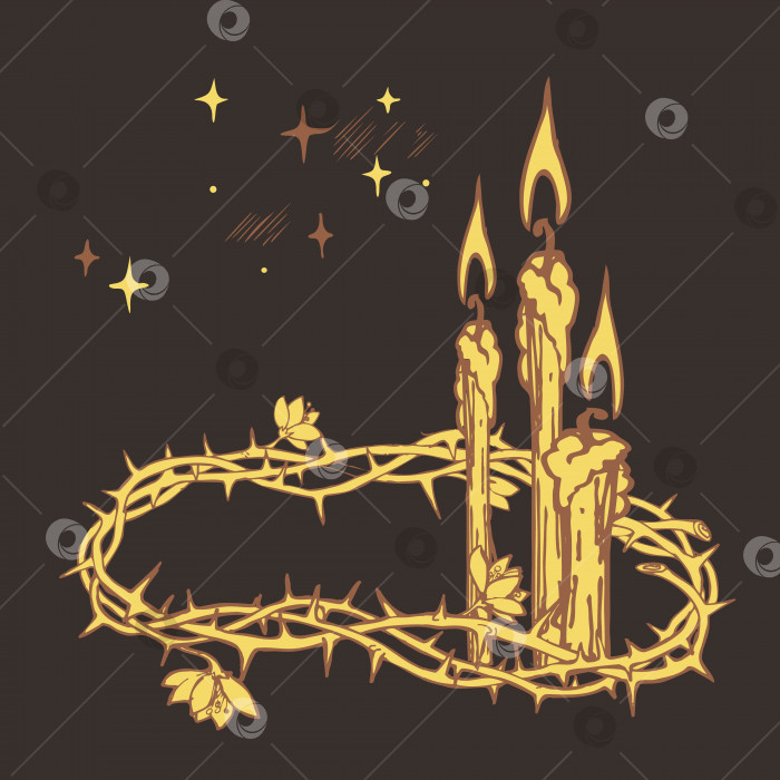 Скачать Золотой терновый венец, свечи и звезды на темном фоне фотосток Ozero