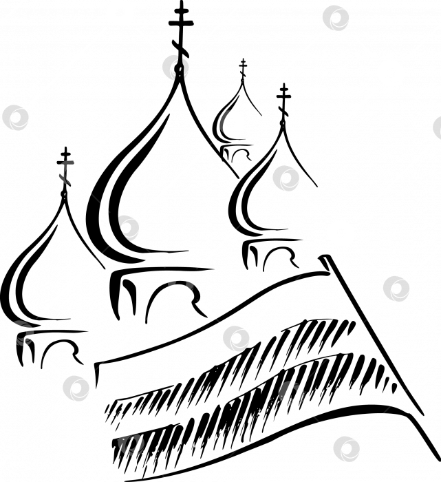 Скачать Черно-белый набросок куполов православной церкви и флага с тремя горизонтальными полосами фотосток Ozero