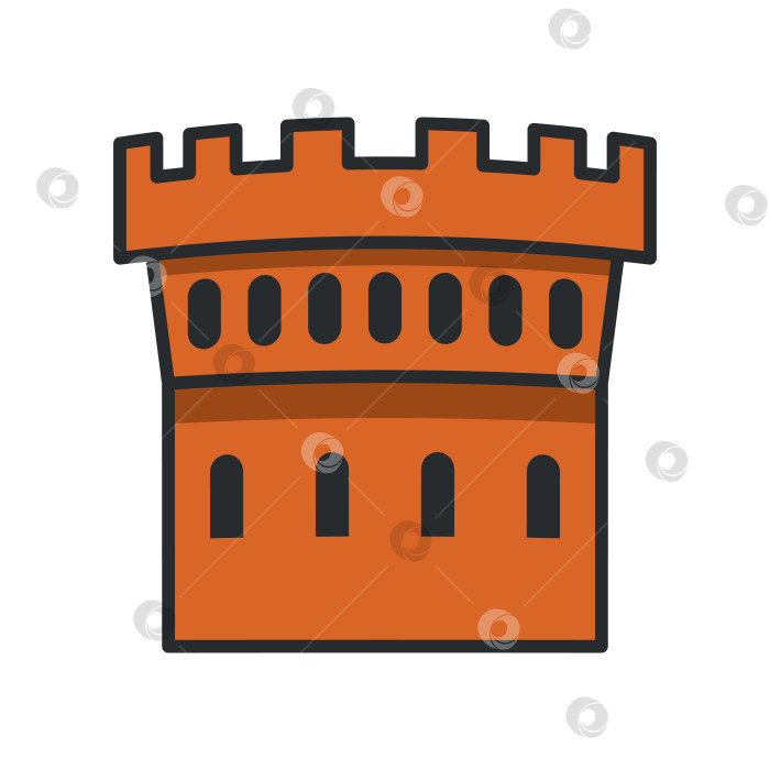 Скачать Историческая крепостная башня из красного кирпича с зубчатыми стенами. Иллюстрация. Объект, выделенный на белом фоне. фотосток Ozero