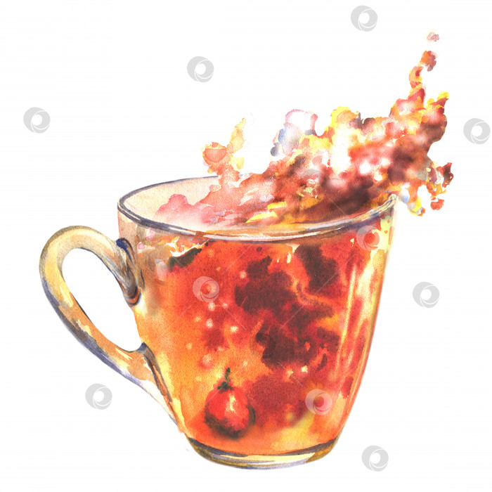 Скачать Акварельная иллюстрация чашки черного чая с чайными брызгами и каплями. Чай из шиповника с ягодами в стакане. Изолированный на белом фоне. фотосток Ozero